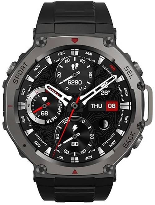 SNEL Watch ATLAS [GPS 53mm] 스마트워치 u2014 제트 블랙 알루미늄 케이스 레드 스포츠 밴드 24mm 및 SpO2 수면 추적 트래커 항상 켜져 있는, Black