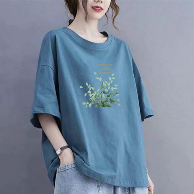 純棉圓領媽媽裝短袖T恤女夏季寬鬆休閒印花上衣