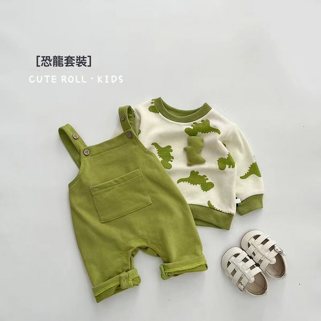 嬰兒衣服春秋新款小恐龍無袖揹帶連體褲 男女寶寶韓版小清新套裝