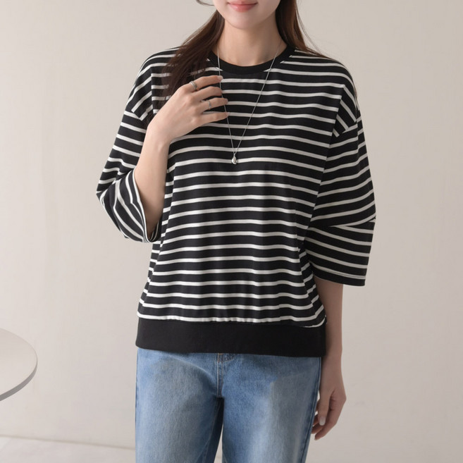 데일리앤 미로 봄 여름 여성 스트라이프 7부 티셔츠 루즈핏 줄무늬 벌룬소매 맨투맨