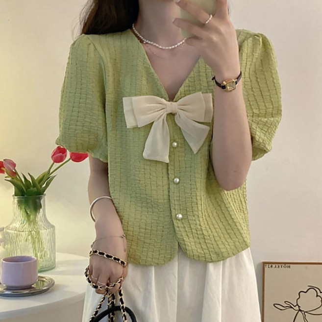 AURALA 여성 쇼트 시폰 블라우스 퍼프소매 리본 반팔 티셔츠 여자 반팔 V넥 블라우스 여름 반팔티