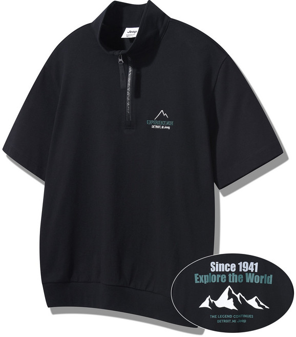 Jeep 남녀공용 마운틴 자수 로고 반집업 반팔티 반팔티셔츠