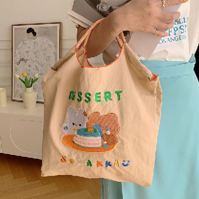 파스텔 자수 에코백 데일리 외출용 캐릭터 토트백