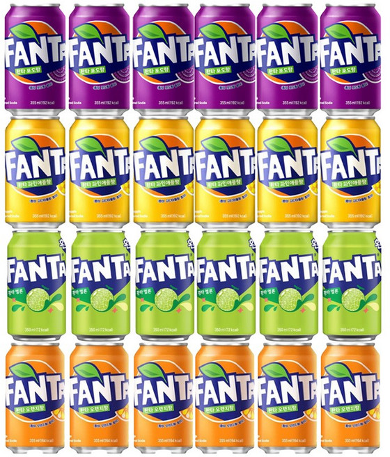 [드링킹] 환타 4종 355ml 오렌지+파인애플+포도+멜론 x 6개씩 (총24개), 24개