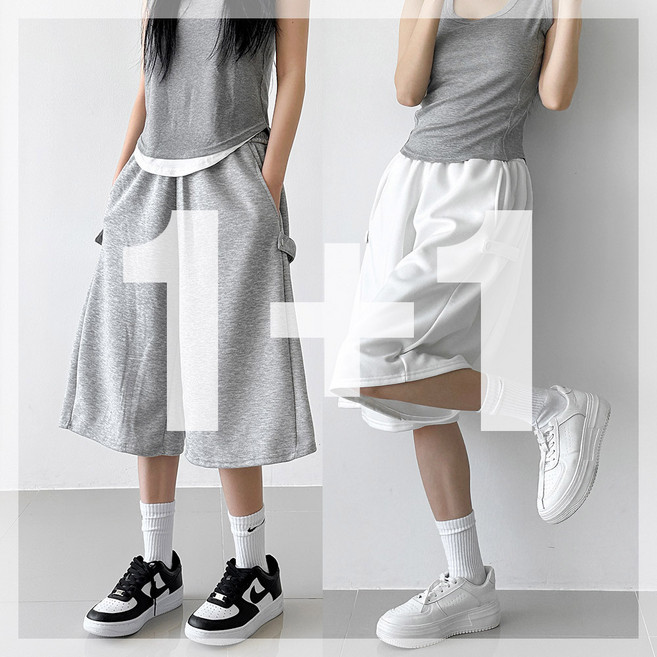 [1+1] 사이드 스냅 버뮤다 반바지 트레이닝 비조 스웻팬츠 편한 여름 하프 6부 남녀공용