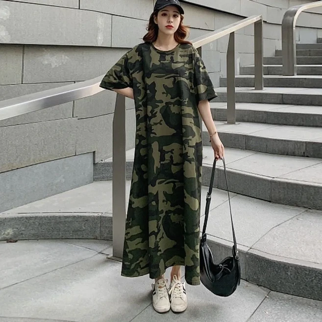 라오농 여성용 여름 빅사이즈 라운드넥 루즈핏 카무플라주 트임 롱스커트 데일리 자외선 차단 원피스26dgsa02LL