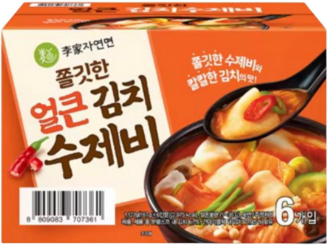 이가자연면 쫄깃한 얼큰 김치수제비, 187g, 6개