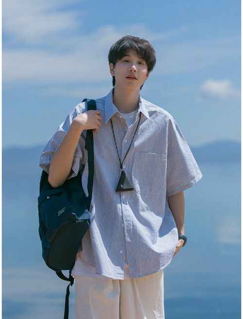 ANYOU 폴로셔츠 스트라이프 반팔 셔츠 남자 여름 캐주얼 셔츠