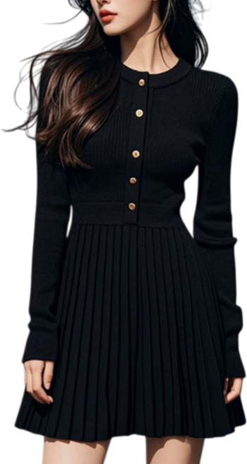 Makone 여성 라운드넥 캐주얼 플리츠 주름 A라인 니트 미원피스