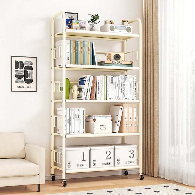 다용도 철제 책장 선반 이동식 책꽂이, 5단, 화이트