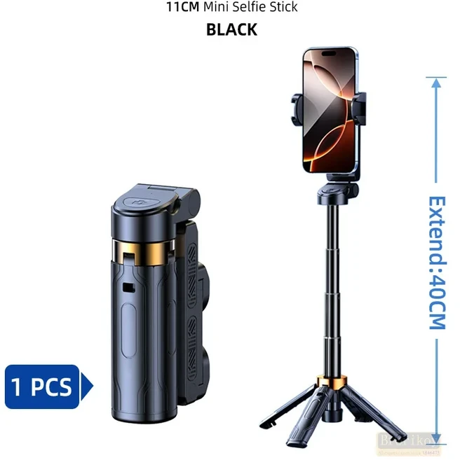휴대용 미니 리모컨 셀카봉 360도 회전 블루투스 높이 조절 가능), 01 Black
