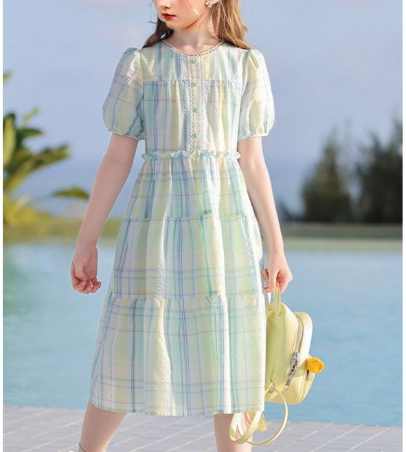 해피유통어린이 여름 체크 원피스 퍼프 소매 디자인14세 이상 XG03