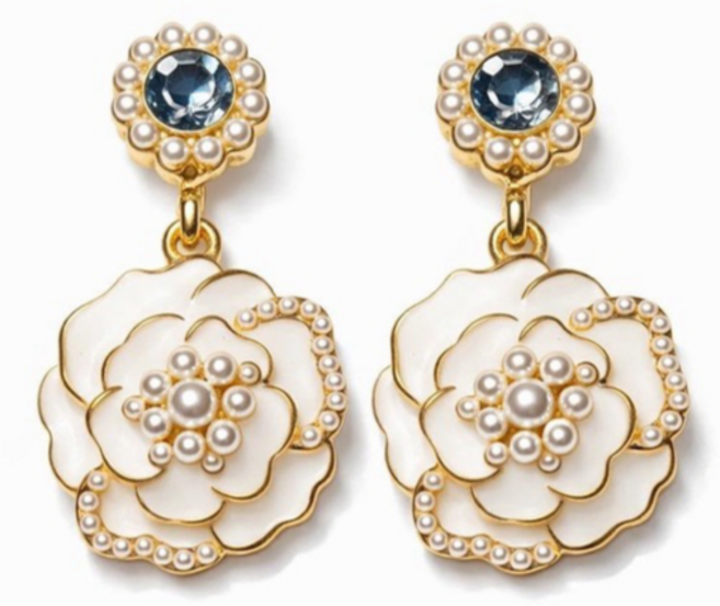 無耳洞夾式耳環 白色山茶花珍珠設計