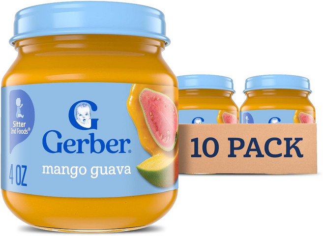 거버 스테이지 1 베이비푸드 오가닉 퓨레 유리병단지 논 GMO 베지터블, 10개, 113g, 망고 구아바