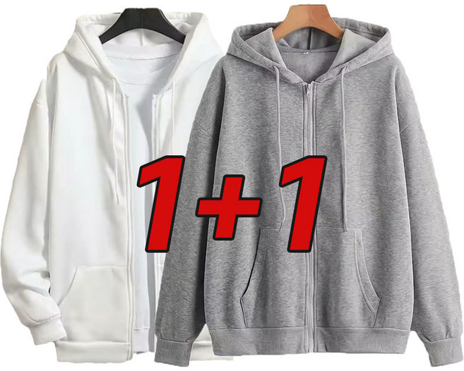 1+1 남자 심플 긴팔 후드티 맨투맨 오버핏 무지 후드집업 빅사이즈 트레이닝복 기모 두꺼운 데일리 캐주얼 상의 루즈핏 학생 아우터 상의
