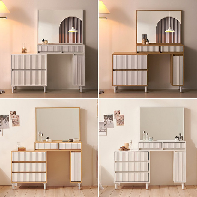 [단독특가] 레시 템바보드 2단 3단 서랍 확장형 수납 서랍 화장대 거울세트 2color, 01.레시 2단템바 올화이트, 03.스툴_기본형(베이지)