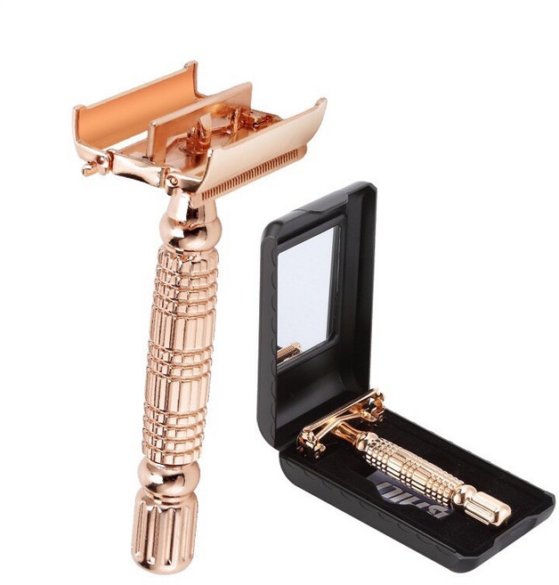 BAILI 旋開式刮鬍刀, 玫瑰金-旋開式 刮鬍刀+收藏盒+刀片, 1個
