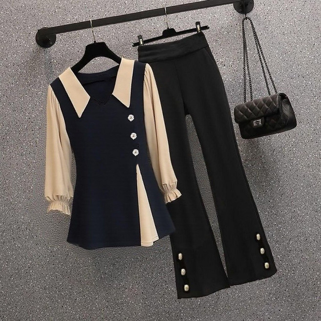 ROYALBELLE 여성 배색 카라 블라우스 버튼 장식 팬츠 세트 세련된 캐주얼 정장 세트 E0081135