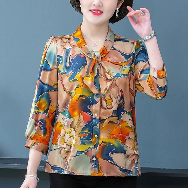 꽃소담 중년여성 루즈핏 리본 꽃무늬 9부 블라우스 셔츠 하객룩 찰랑 엄마옷 MAL26A695