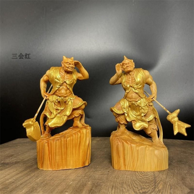 木雕千裏眼順風耳神像將軍媽祖左右護法實木擺件, 崖柏千裏順風高12.8cm描金