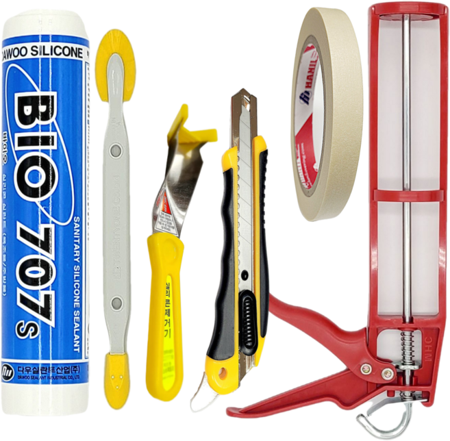 욕실용 바이오 실리콘 보수 세트(실리콘 백색+건+양날헤라+테이프+제거기+커터칼) 총 7종, 1세트