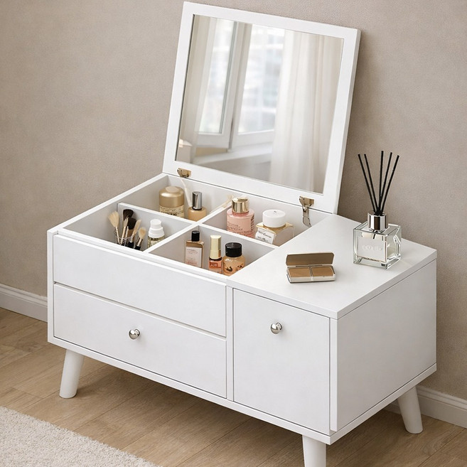 소프트엣지 LED 미니 좌식 화장대, 올 화이트 60cm