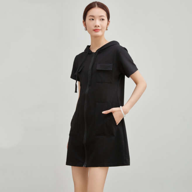 에쉬울프 여성 포켓 집업 반팔 후드 원피스