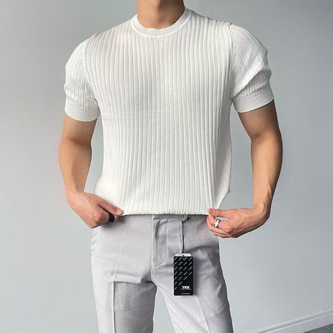 BIKASU 남자 여름 반팔티 머슬핏 라운드 티셔츠 부드러운 니트 반팔