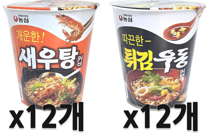 농심 튀김우동컵 62g 12개 + 새우탕컵 67g 12개, 24개