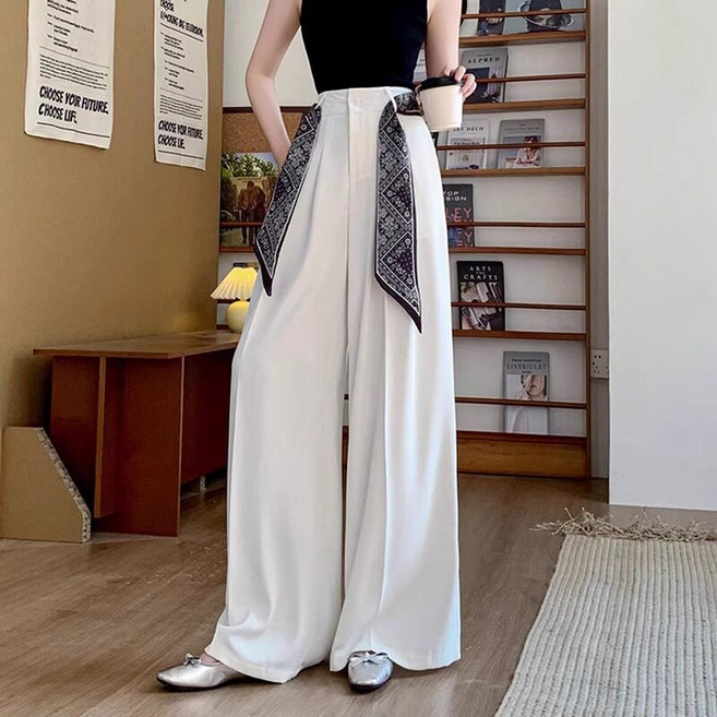 Makone 여성 정장 바지 스카프 와이드 팬츠 2종 세트 하이웨이스트 루즈핏 스트레이트 캐주얼 패션 롱팬츠