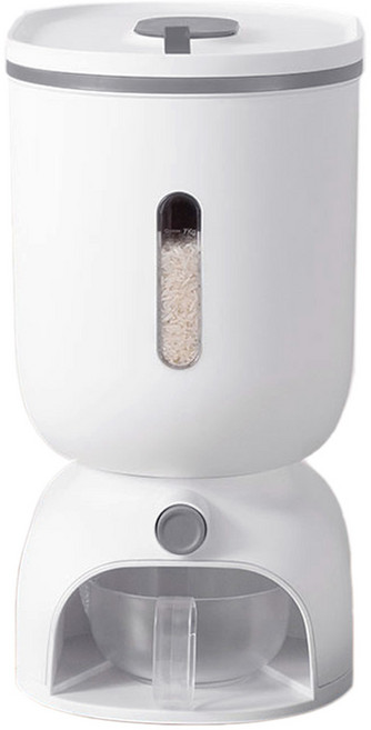 [SUNRISE MALL] 10kg 이잼쿡 항균 원터치 계량쌀통/상단 방충 제습함 밀폐뚜껑 쌀벌레 차단/물빠짐 계량컵/곡물 잡곡 사료 다용도 사용가능, 1세트, 항균 밀폐 쌀통