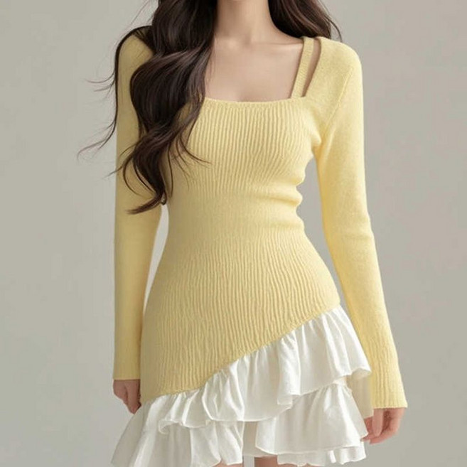 봄 가을 여성 긴팔 원피스 캐주얼 여자 하이웨이스트 치마 슬림핏 기질 언밸런스 니트 프릴 원피스 CY