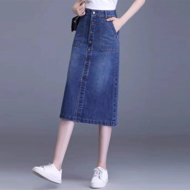 besteffie 데님스커트 여름신상 여성 스판 7부 미디 앞트임 H라인 여름 청치마 E58