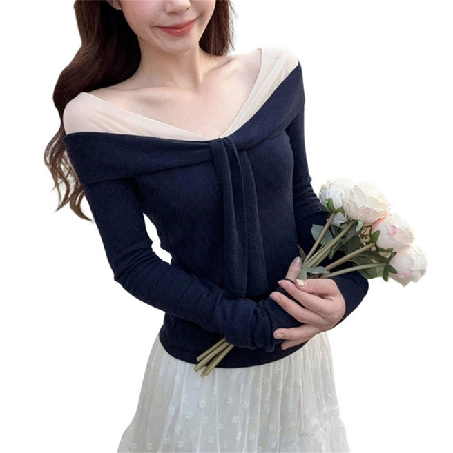SOSISI 여성 브이넥 슬림핏 오프숄더 니트티 DM3M01035