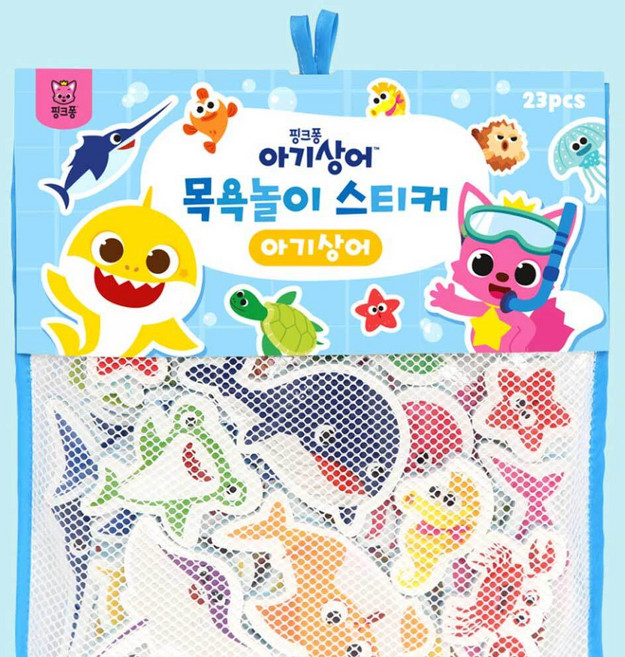 핑크퐁 목욕 놀이 유아 어린이 스티커 상어가족, 혼합, 1개