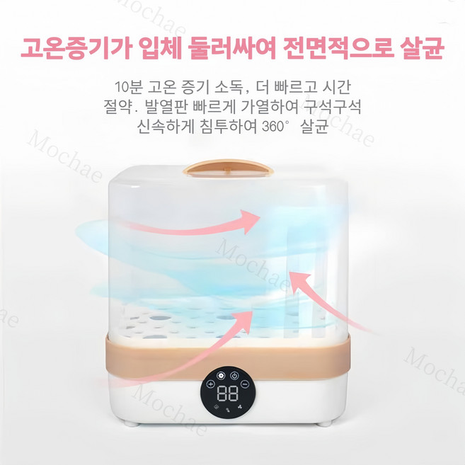 Mochae 젖병소독기 젖병살균기 스팀 건조 일체형 살균 소독기 LCD 디스플레이 스테인리스 식기 건조대, 흰색