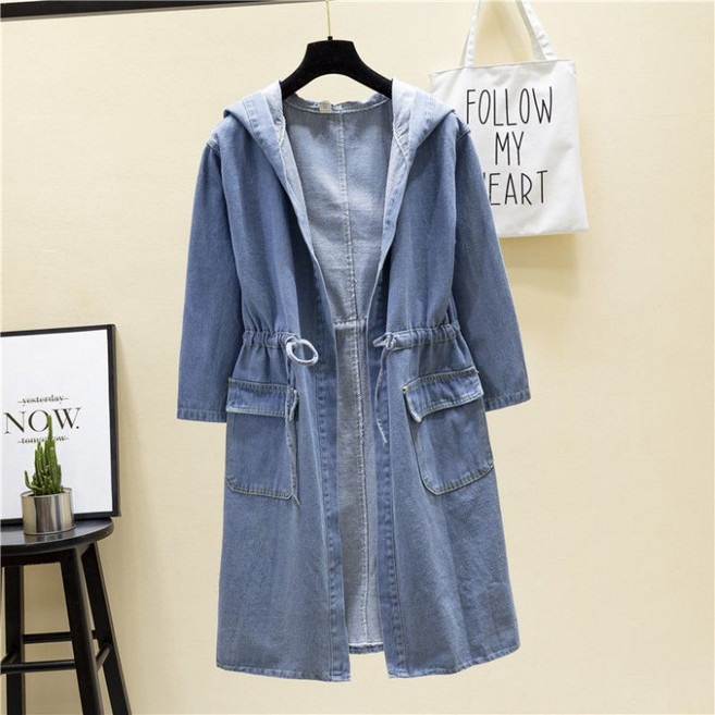 PEROLA 여성 봄가을 긴 후드 스트링 빅포켓 후드 데님 하프 빅사이즈 트렌치코트 루즈핏 캐주얼