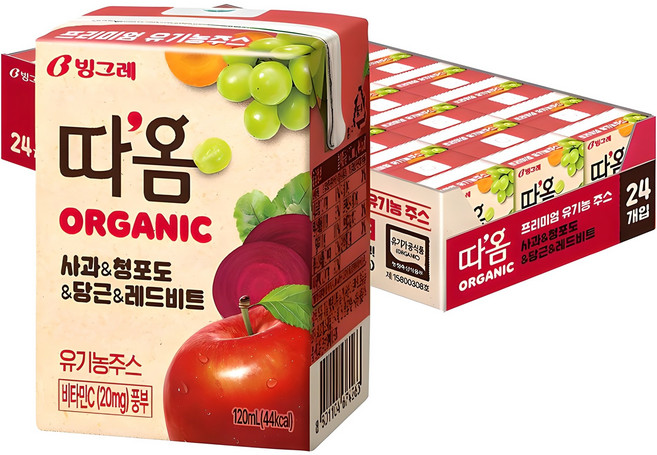 따옴 오가닉 주스 사과 & 청포도 & 당근 & 레드비트, 120ml, 24개