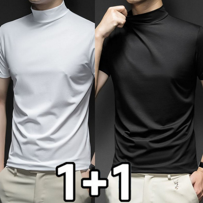 FANSYLI 1+1 남자 반팔티셔츠 라운드넥 슬림 이너티셔츠 솔리드 심플 반폴라티셔츠 투피스 X2601J13