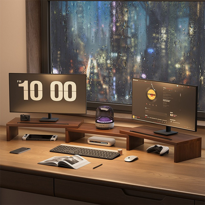 PoPnest 듀얼 모니터 받침대 회전 가능 신축성 컴퓨터 스탠드 와이드 선반, 원목