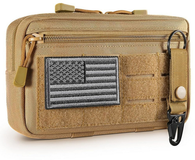 FRTKK Tactical Molle 관리자 파우치 유틸리티 레이저 컷 EDC 공구 백 수평 모듈식 미국 국기 패치 및 키체인 포함 탠 105016, 탠 색상, 1개