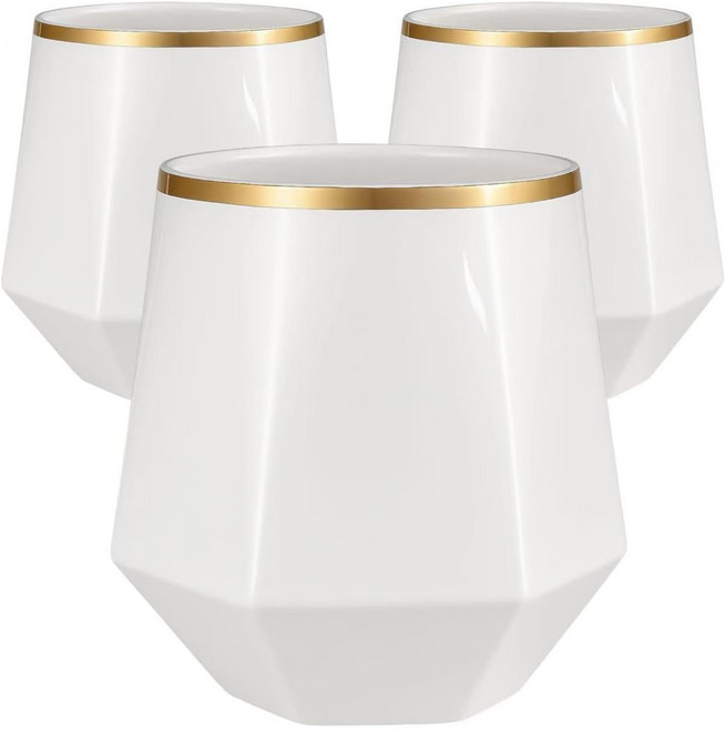 우자미 40팩 다이아몬드 스템리스 플라스틱 와인 잔 골드 림 12온스 일회용 샴페인 위스키 컵 우아한 깨지지 않는 웨딩 파티 바화이트, Clear