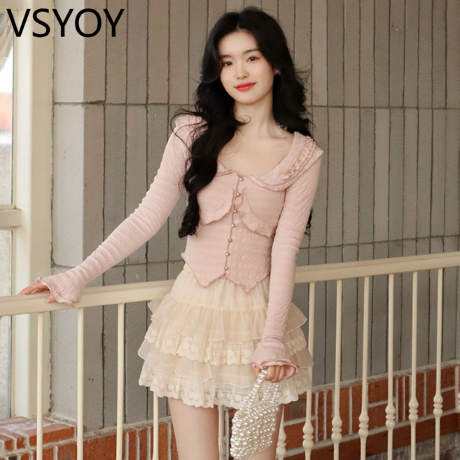 vsyoy 발레 스타일 귀 탑 티셔츠 봄 레이스 헤비 케이크 스커트 세트 여성