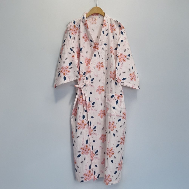 7부 소매 순면 거즈면 유카타 로브 잠옷 샤워 가운, 1개, 연분홍벚꽃이