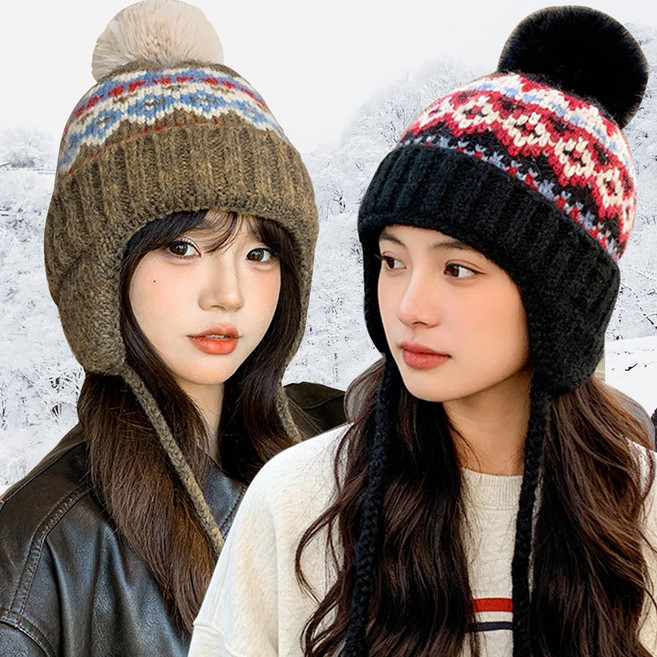 방울 니트 귀덮개 모자 겨울 방한 보온 귀달이 끈모자 방울모자 TBA507
