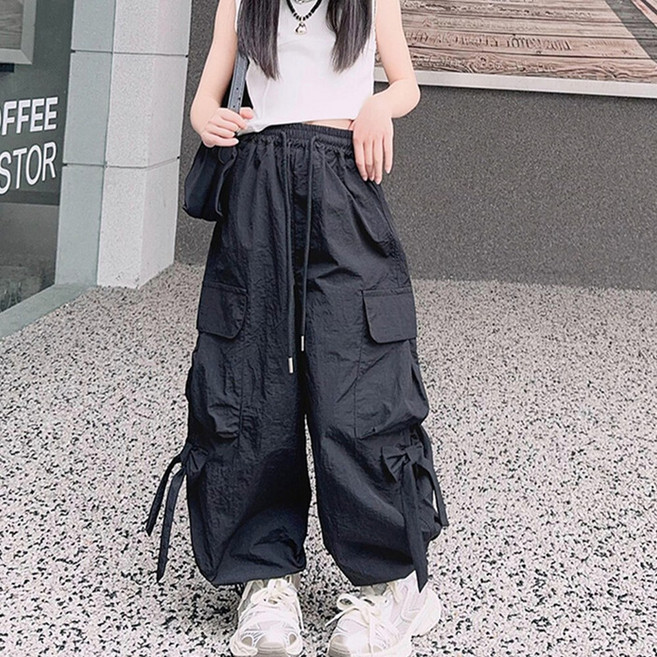 UPPERCUT 여아 주니어 데일리 바스락 리본 포인트 카고 팬츠 와이드 밴딩 바지
