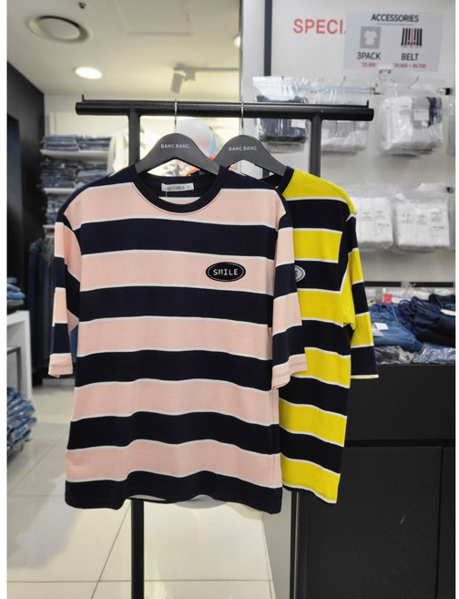 뱅뱅 봄 여성 면100% 배색 스트라이프 오버핏 반팔 티셔츠