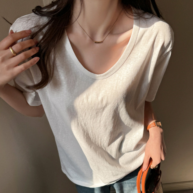 핑크셀럽 U넥 루즈핏 슬러브 반팔 티셔츠