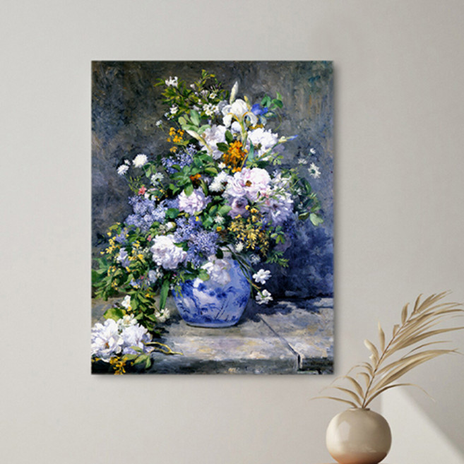 르누아르 봄의꽃 캔버스 액자 벽걸이 인테리어 그림, 파랑