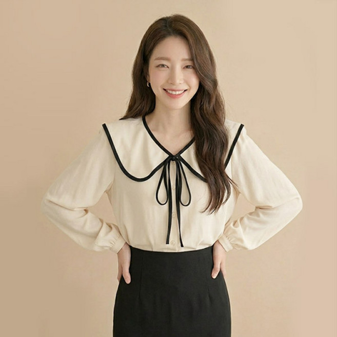 드마엘 여성 라비아 페미닌 배색 리본 셔츠 블라우스(3color)+델로나